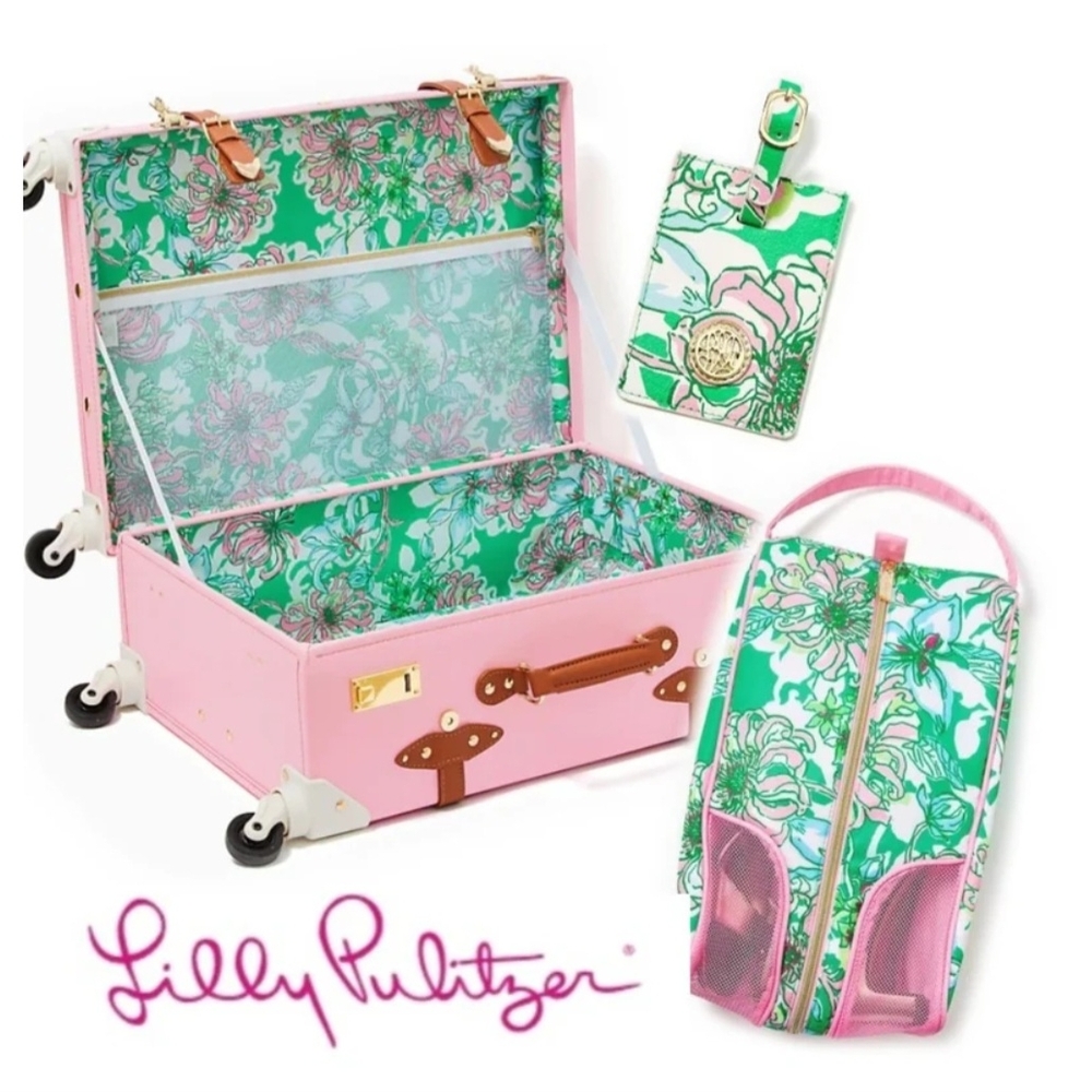 NEW Lilly Pulitzer Rolling Trunk Suitcase. Luggage Tag & Shoe Bag in Pink